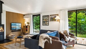 A modern living room with a fireplace, a sofa, a coffee table, and a television. - "Santuzza" - 3.9km from the sea by Interhome (Rømø)