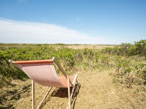 A beach chair in a natural setting with dry grass and sparse vegetation.