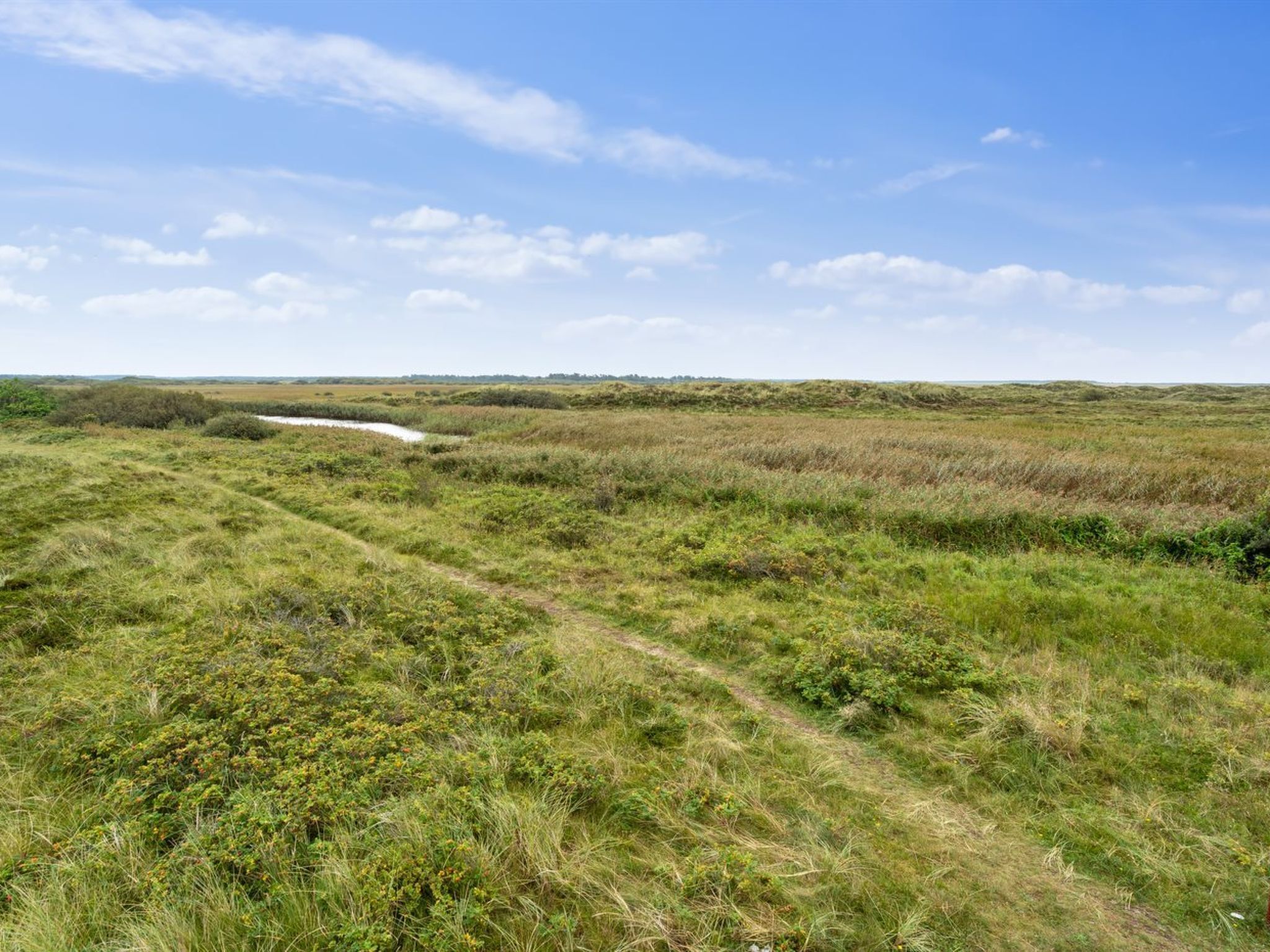 A natural landscape with a river, grassy fields, and a clear sky.