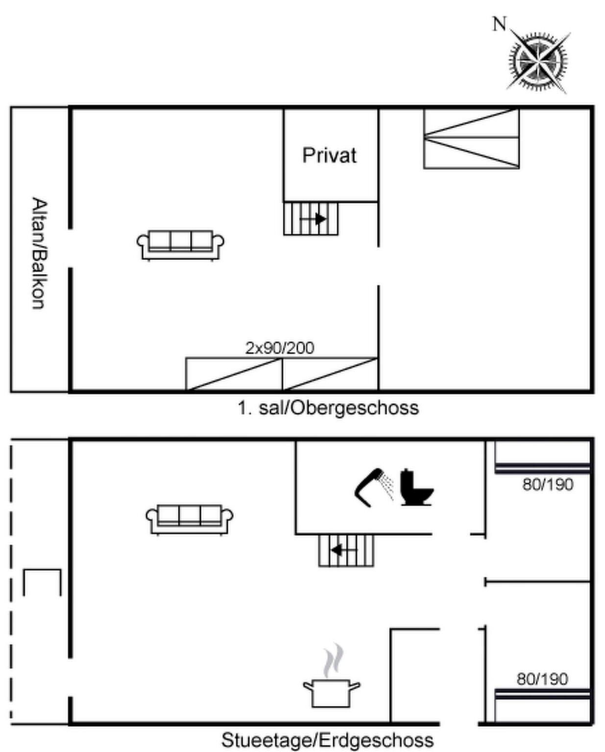 A hotel room layout with a balcony, private area, and kitchenette.