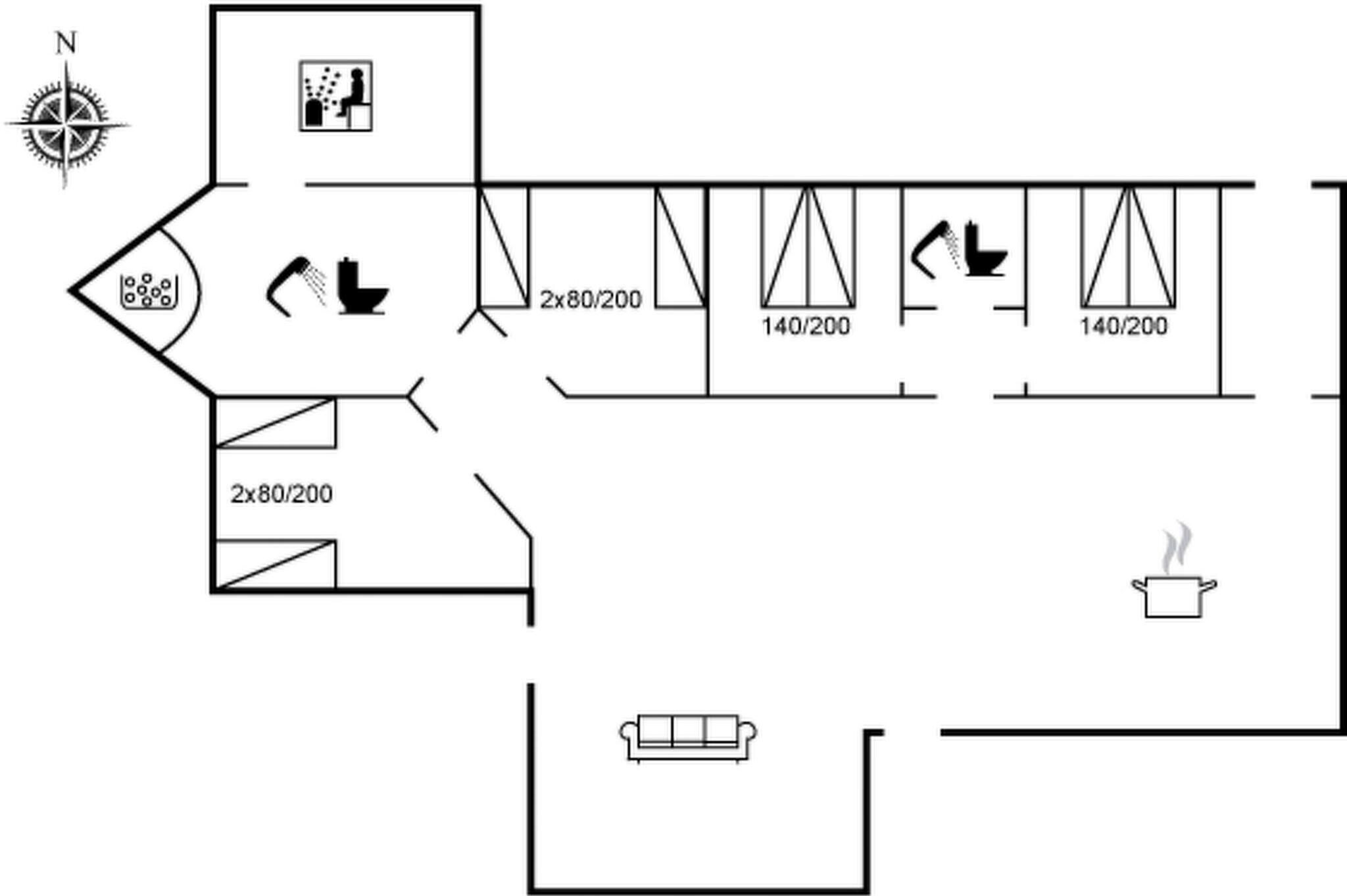 A floor plan with a kitchen, a dining area, and a living room.