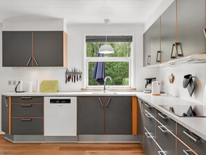 Fridge, microwave, dishwasher, cookware/dishes/utensils