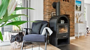 A modern living room with a brick fireplace, a comfortable chair, and a potted plant. - "Helghi" - 30km from the sea by Interhome (Toftlund)