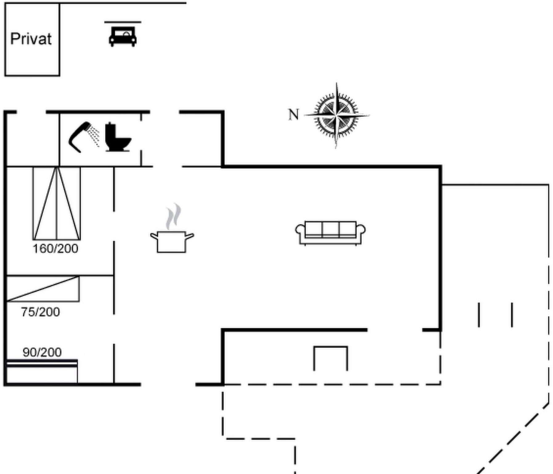 A floor plan with a private area, a kitchen, a living room, and a bathroom.