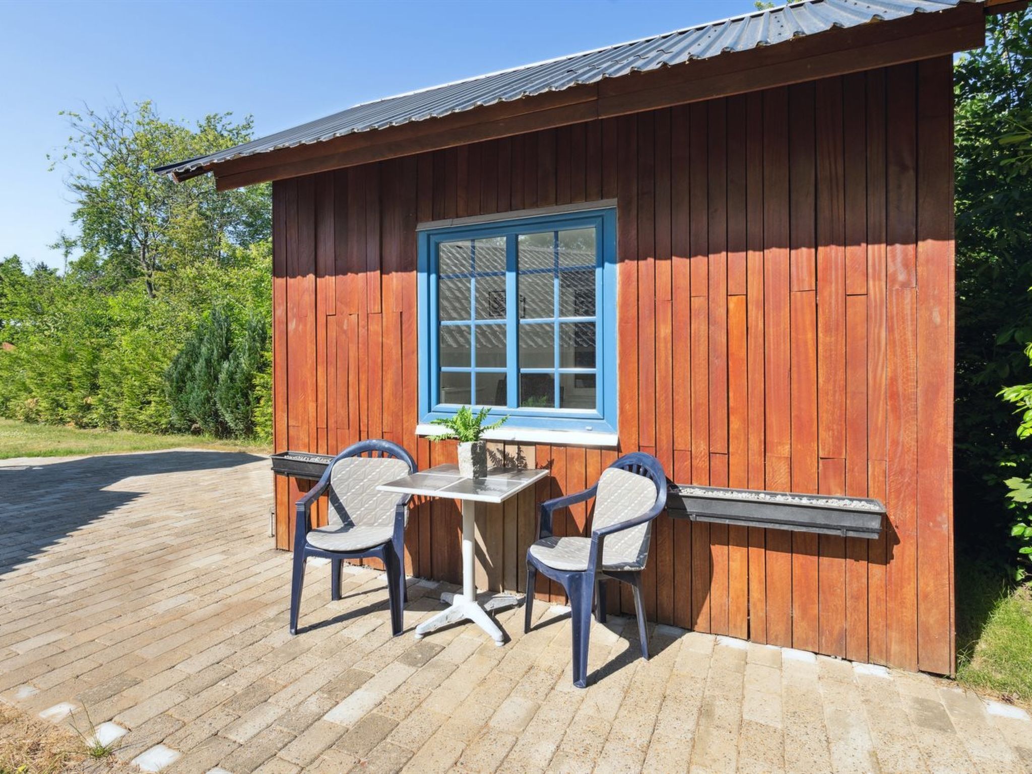 Een houten vakantiehuisje met een blauw kozijn, twee stoelen en een tafeltje met een bloempot.