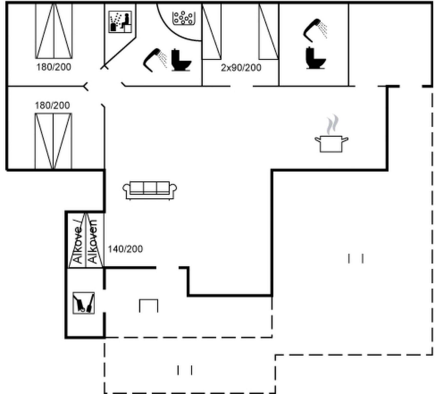 Un plan d’étage comprenant un coin cuisine, une salle de bain, un espace salon et un petit alcôve.