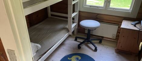 A bunk bed room with a desk and chair, a window with a view of greenery, and a blue rug with a lizard design.