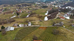 An aerial view of a rural village with vineyards, houses, and a church. - Vineyard cottage Cvitkovič (Crnomelj)