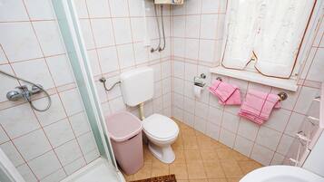 A small bathroom with a toilet, a bidet, a shower, and a sink.