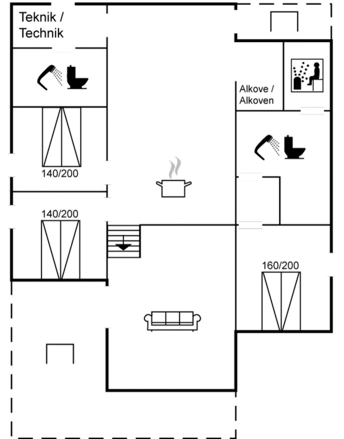 A floor plan with a kitchenette, two bathrooms, a living area, and a dining area.