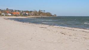 Une plage avec un rivage sablonneux, une mer calme et des maisons en arrière-plan.