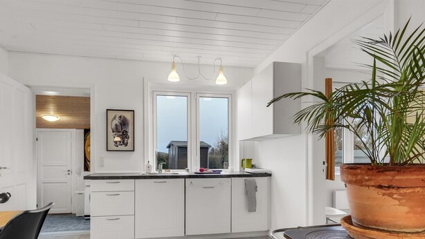 A modern kitchen with white cabinets, a large window, and a potted plant. - "Truels" - 2km from the sea by Interhome (Tranekær)
