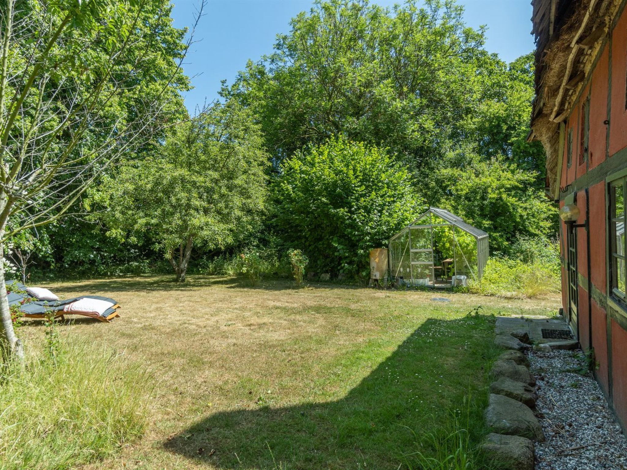 A garden with a wooden bench, a small shed, and a house with a red exterior.