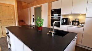 Een moderne keuken met een centraal eiland, roestvrijstalen apparatuur en een potplant.