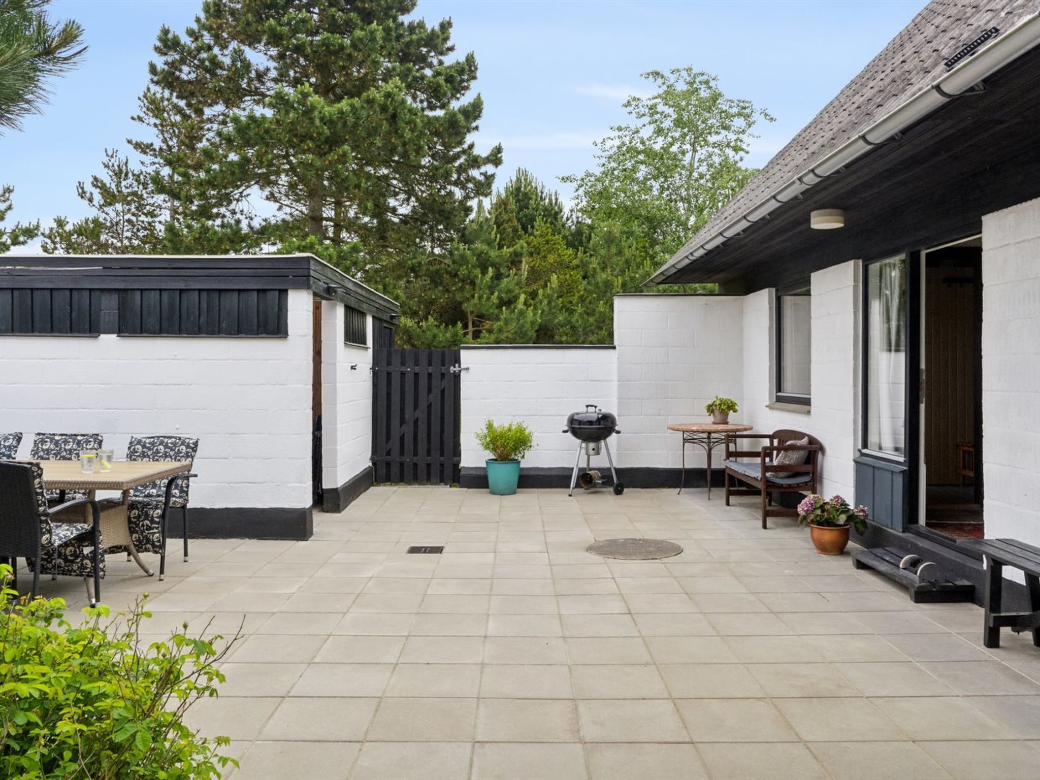 Un espace patio aménagé avec une table et des chaises, un barbecue et une plante en pot.