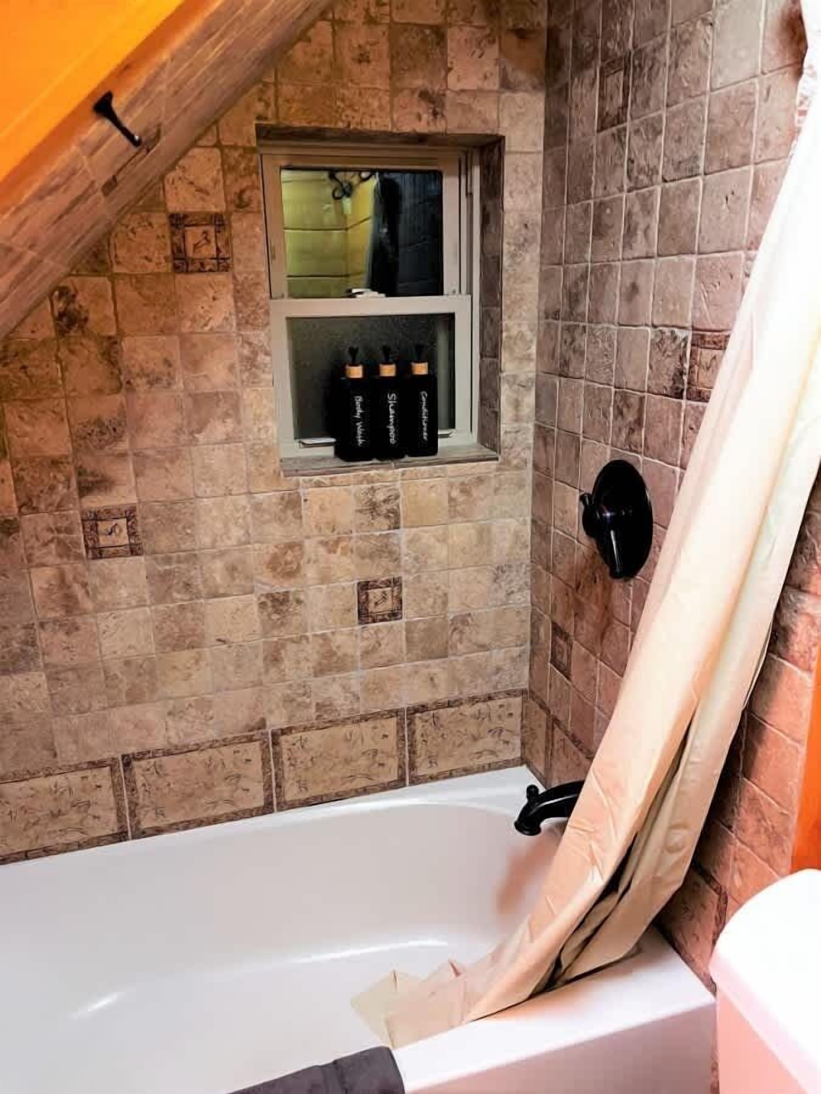 Shower, hair dryer, shampoo