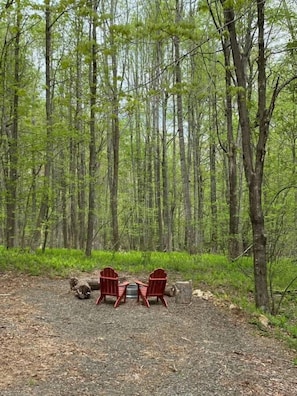 Une forêt avec deux chaises Adirondack rouges et une table de pique-nique.