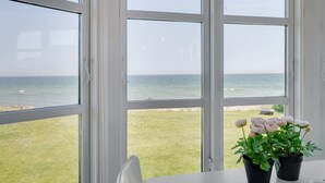 A room with large windows overlooking a grassy area and the sea. There is a table with a potted plant. - "Hwitserk" - 5m from the sea by Interhome (Otterup)