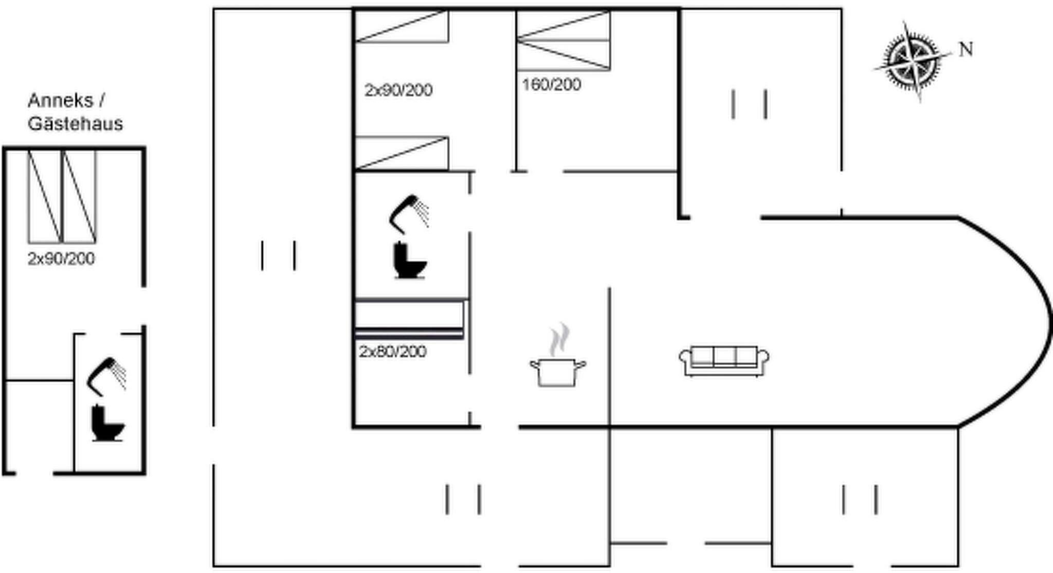 A hotel floor plan with a kitchenette, bathroom, and a living area.