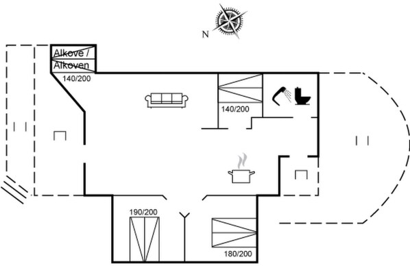 A floor plan with a kitchen, a dining area, and a living room. - "Diertje" - 10m from the sea by Interhome (Otterup)