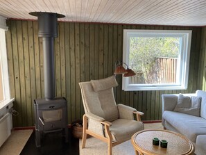 A cozy room with a wood-burning stove, a comfortable chair, a sofa, and a window with a view of greenery.