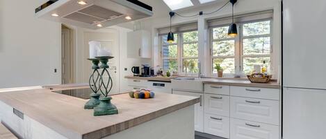 Fridge, microwave, dishwasher, cookware/dishes/utensils