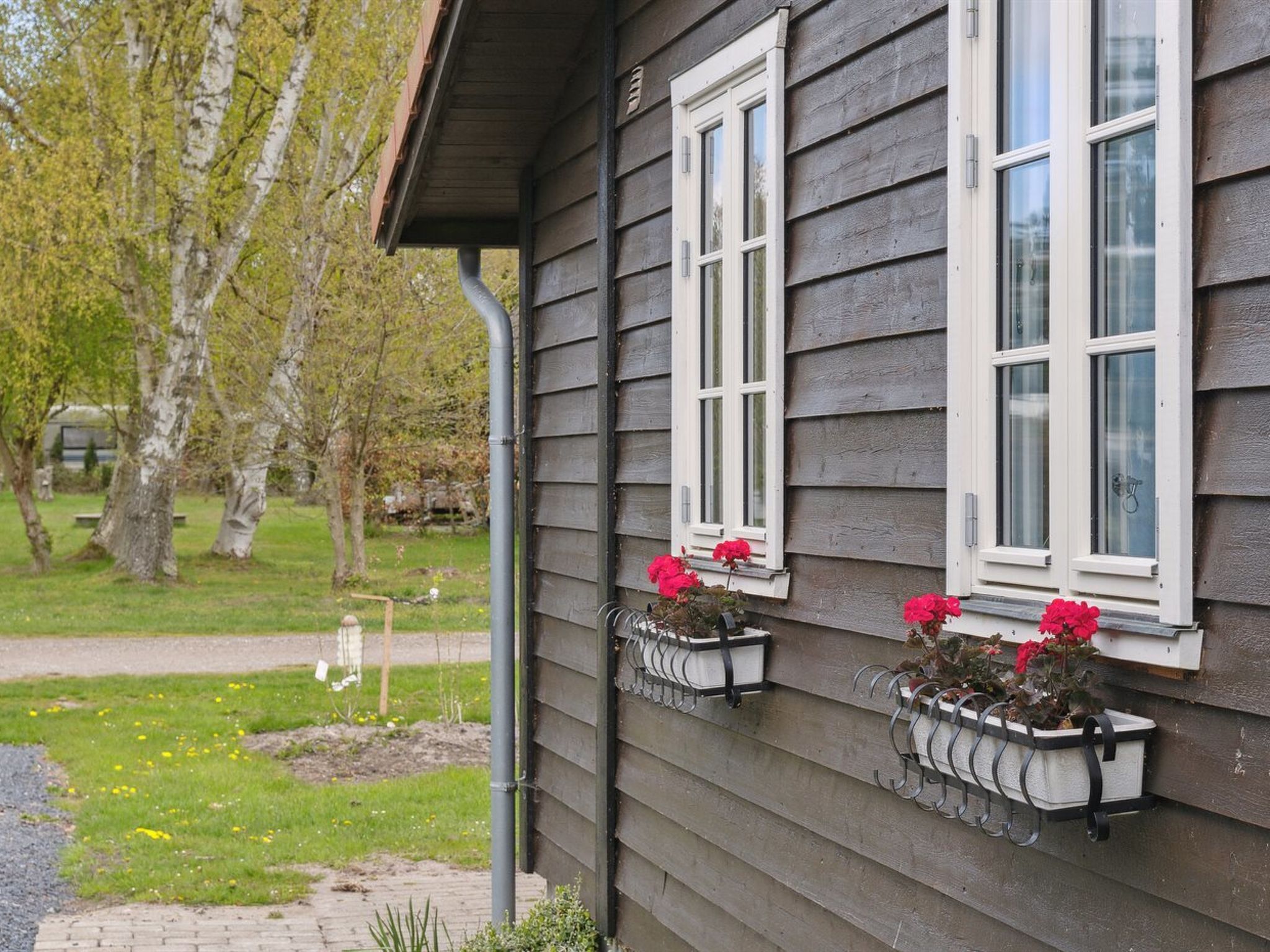 A house with a dark siding exterior, white window frames, and flower boxes with red flowers on the second floor.