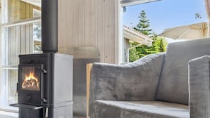 A modern living room with a gray sofa and a black wood-burning stove. - "Eini" - 500m from the sea by Interhome (Væggerløse)