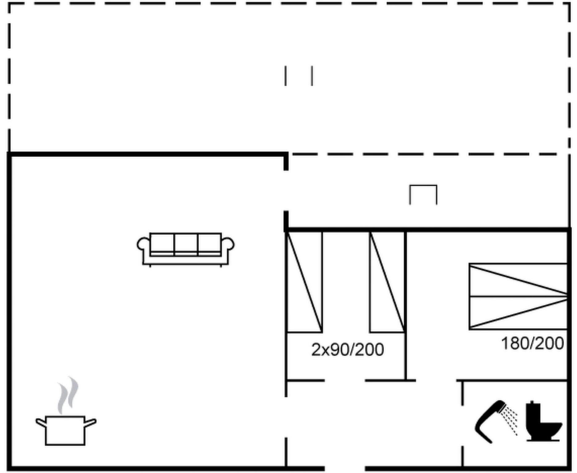 Plano de planta con kitchenette, zona de estar y ducha.
