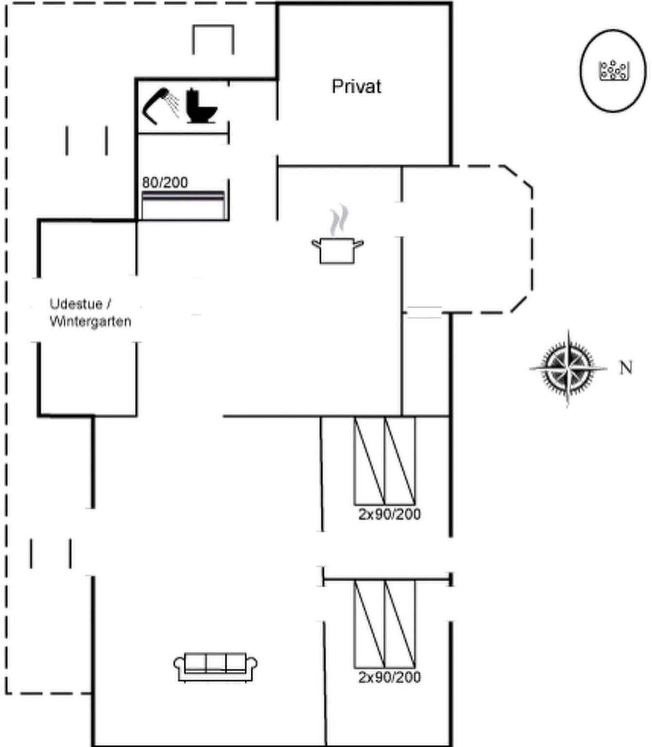 A floor plan with a private area, a winter garden, and two 2x90/200 sized rooms.