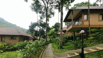 A pathway leading to a building with a balcony, surrounded by lush greenery and trees.