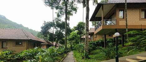 Un chemin menant à un bâtiment doté d’un balcon, entouré d’une végétation luxuriante et d’arbres.