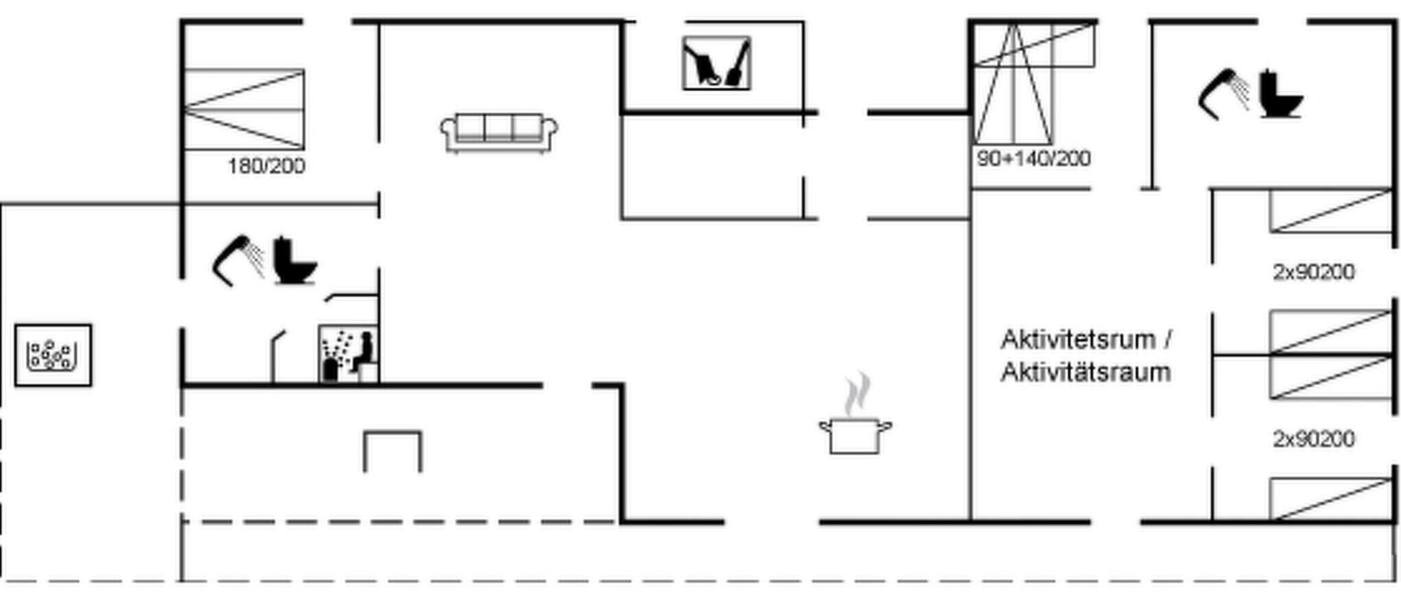 A floor plan with a kitchen, dining area, and two bedrooms.