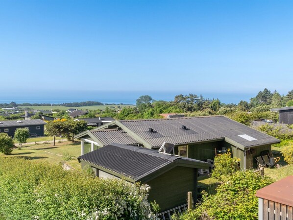 A residential area with houses, a clear view of the ocean, and a well-maintained lawn.