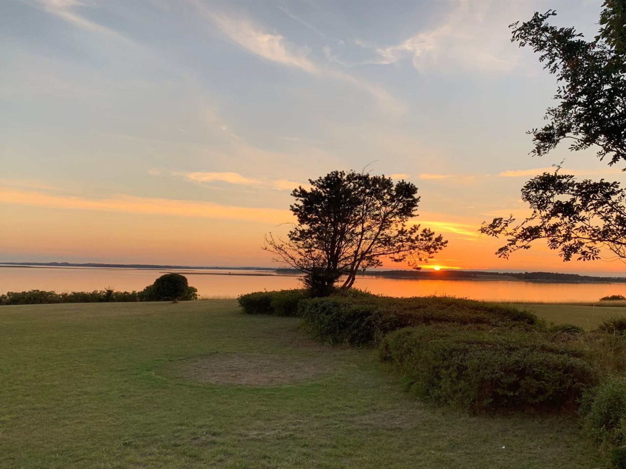 Ein Sonnenuntergang über einem ruhigen See mit Bäumen und offenen Wiesen.