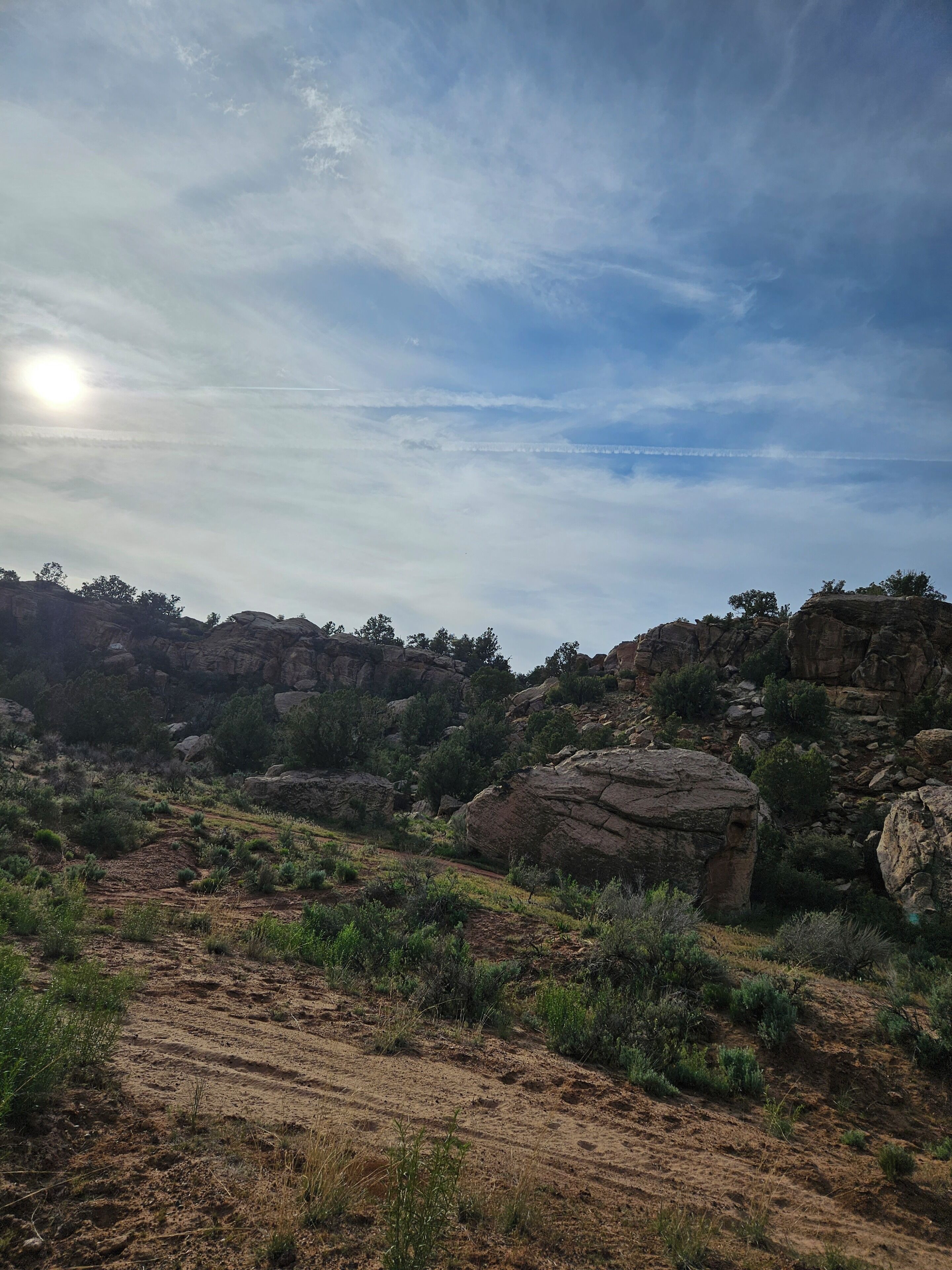 A rugged landscape with rocky formations and sparse vegetation.
