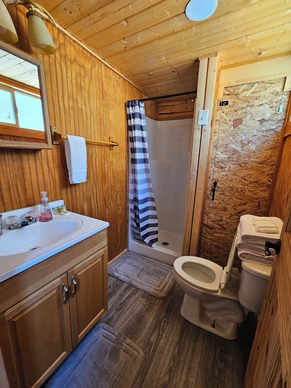 A wooden-paneled bathroom with a sink, mirror, and toilet. - The Woody Cabin (Hurricane)