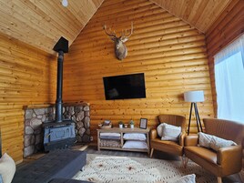 Cabaña | Zona de estar | Una televisión de pantalla plana, una chimenea, un reproductor de DVD