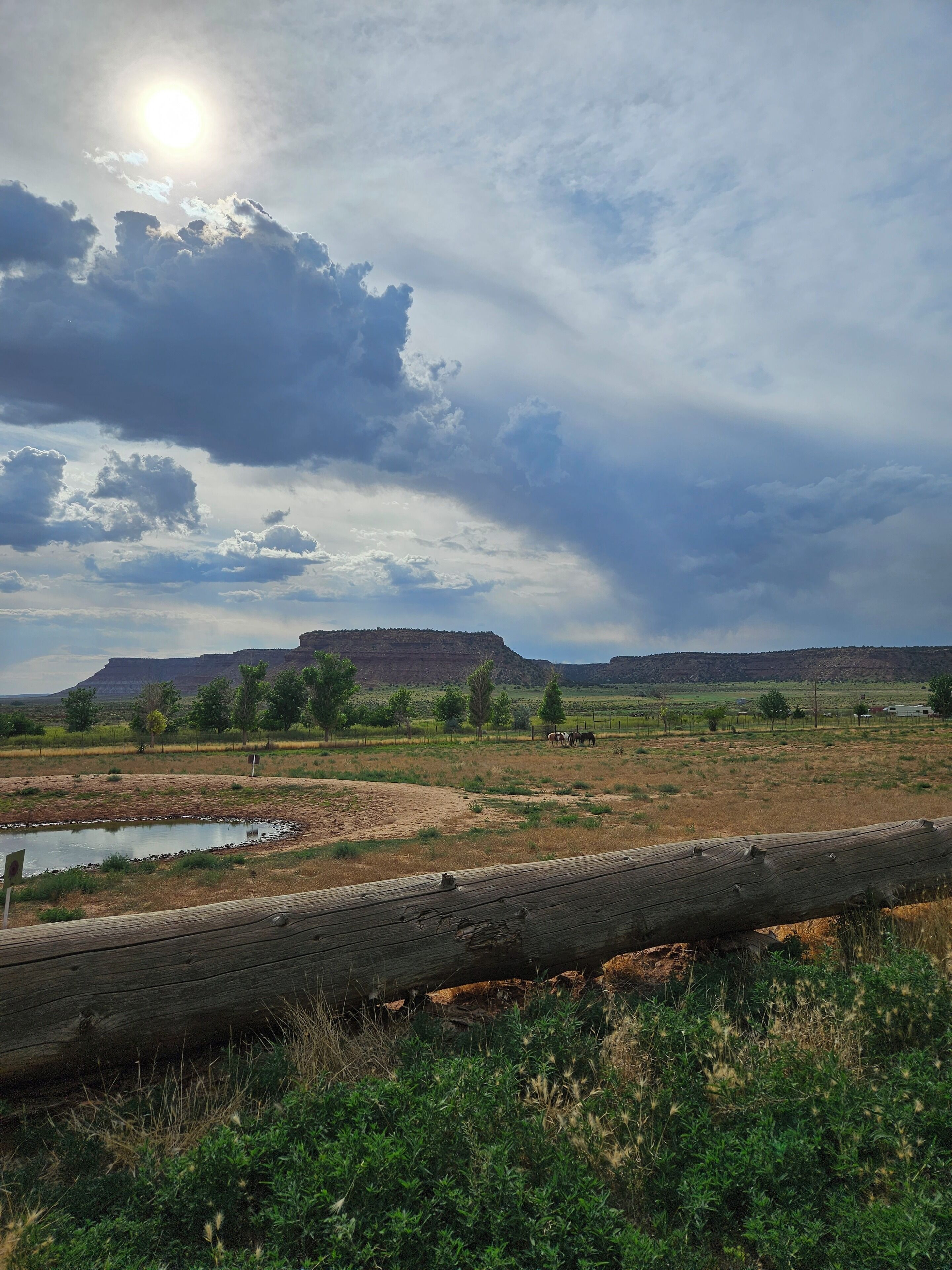 A rural landscape with a wooden fence, a small pond, and distant hills under a cloudy sky.