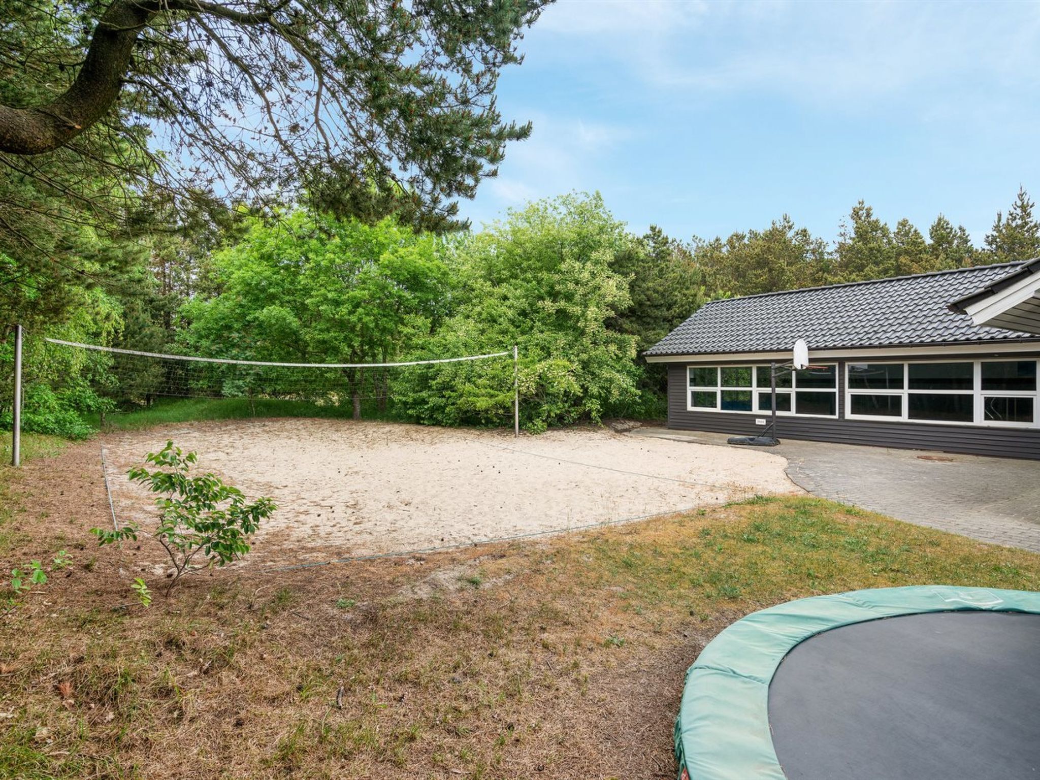 A backyard with a volleyball net, a trampoline, and a building with large windows.