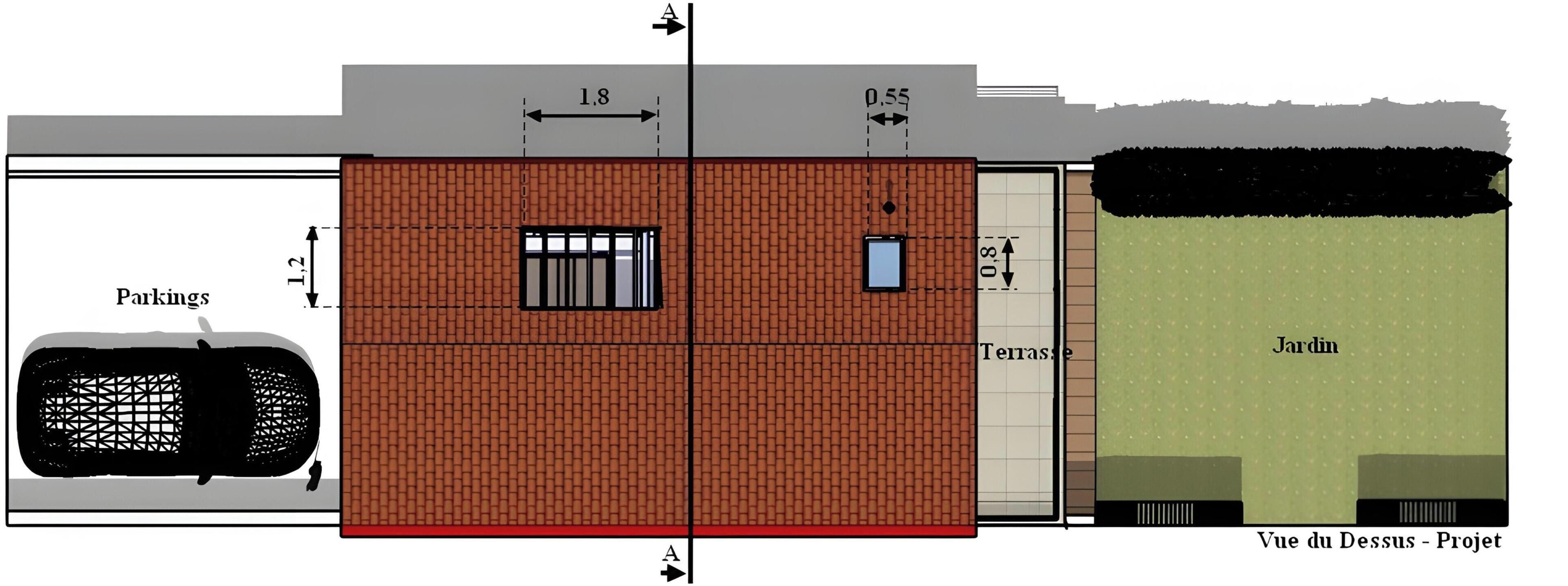 Distribución de un edificio con zona de estacionamiento, terraza y jardín.