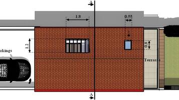 Distribución de un edificio con zona de estacionamiento, terraza y jardín.