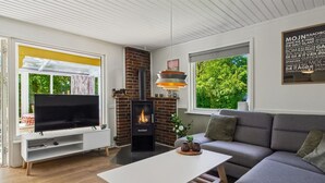 A modern living room with a fireplace, a sofa, a TV, and a dining table.