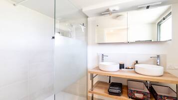 Regadera, secadora de cabello, toallas