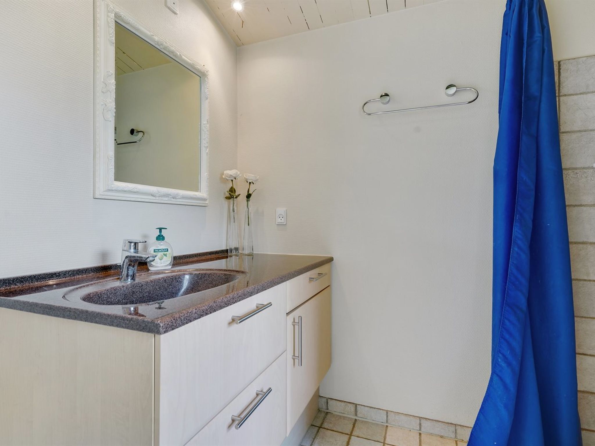 Un bagno con lavandino, specchio e tenda della doccia.