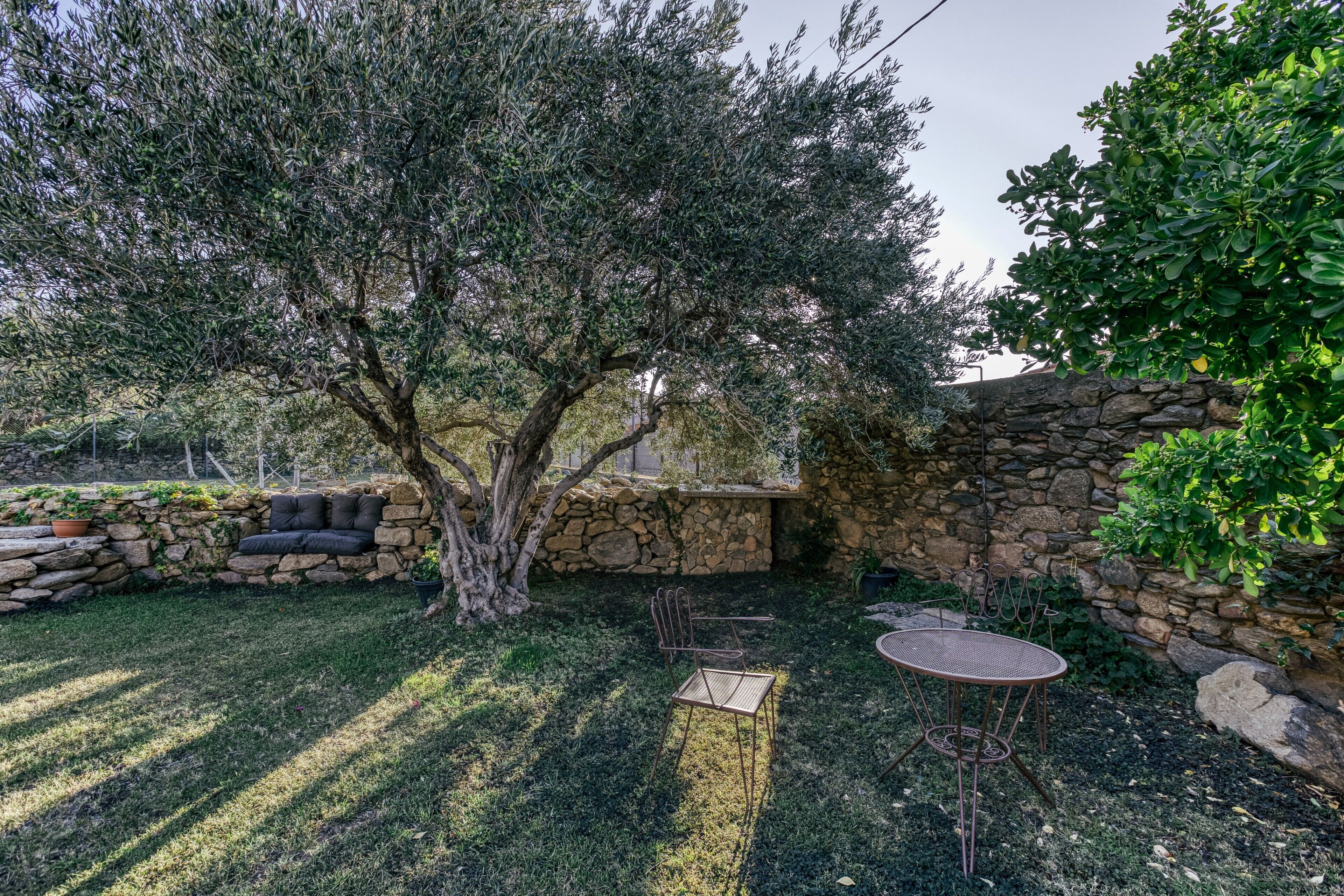 A stone wall, a tree, and a metal table and chair set in a garden.