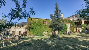 Un edificio de piedra con muros cubiertos de hiedra, un patio con césped y un cielo azul despejado.