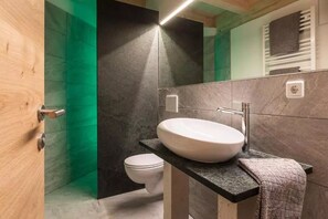 Chuveiro, secador de cabelo, toalhas de banho 