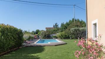 Un patio trasero con piscina, césped y una casa.