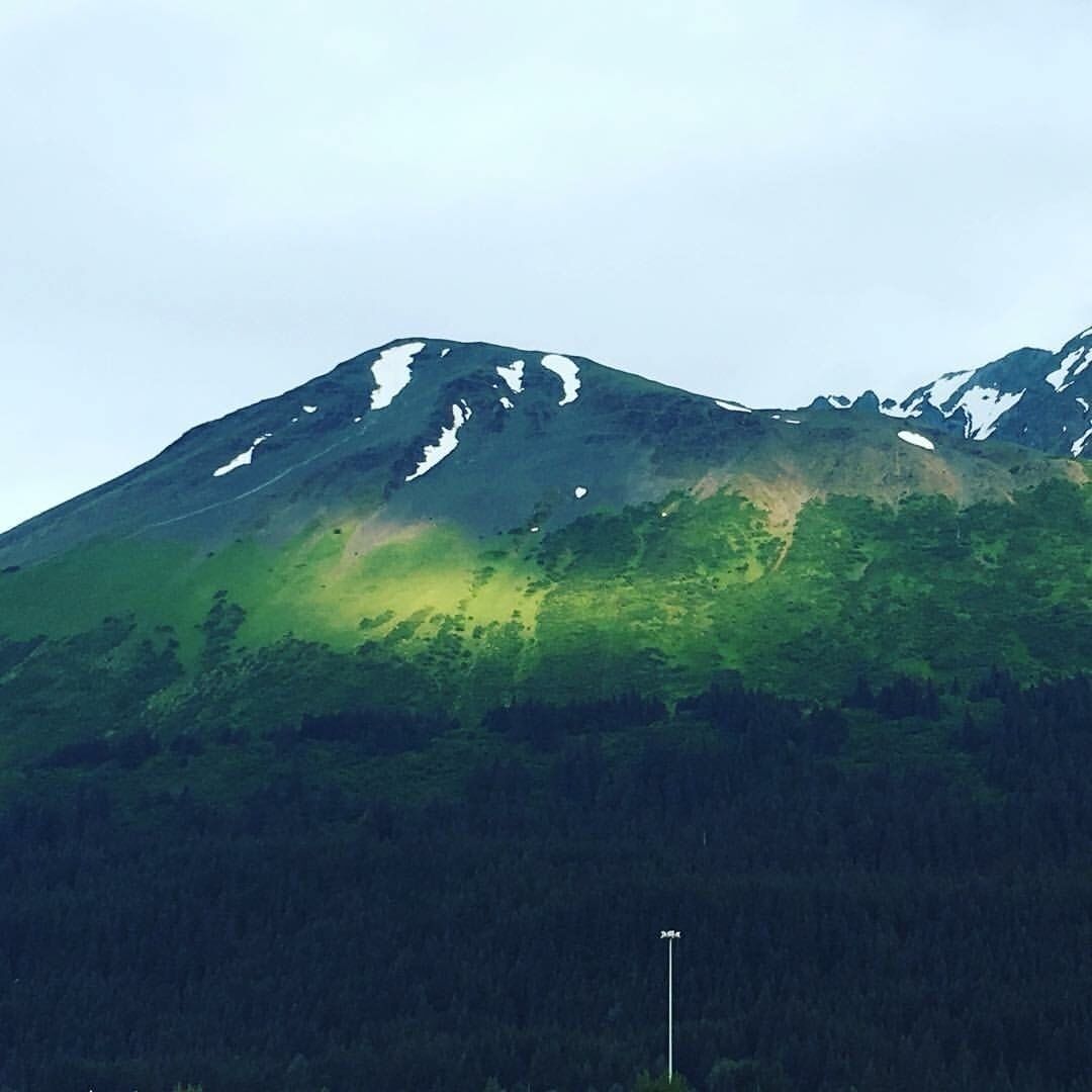 Vuori, jonka juurella on metsää ja jonka yllä on kirkas taivas.